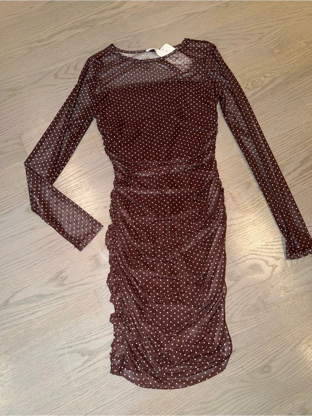 21 Saints Brown Polka Dot Long-Sleeve Ruched Bodycon Dress